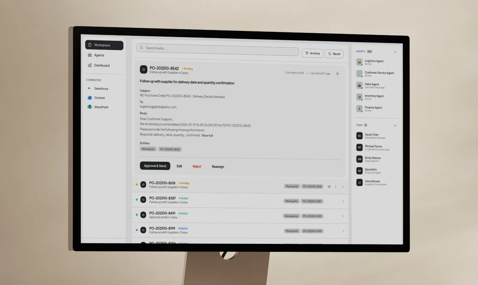 Concierge showing a purchase order follow-up waiting for approval, with approve, edit, reject and reassign actions