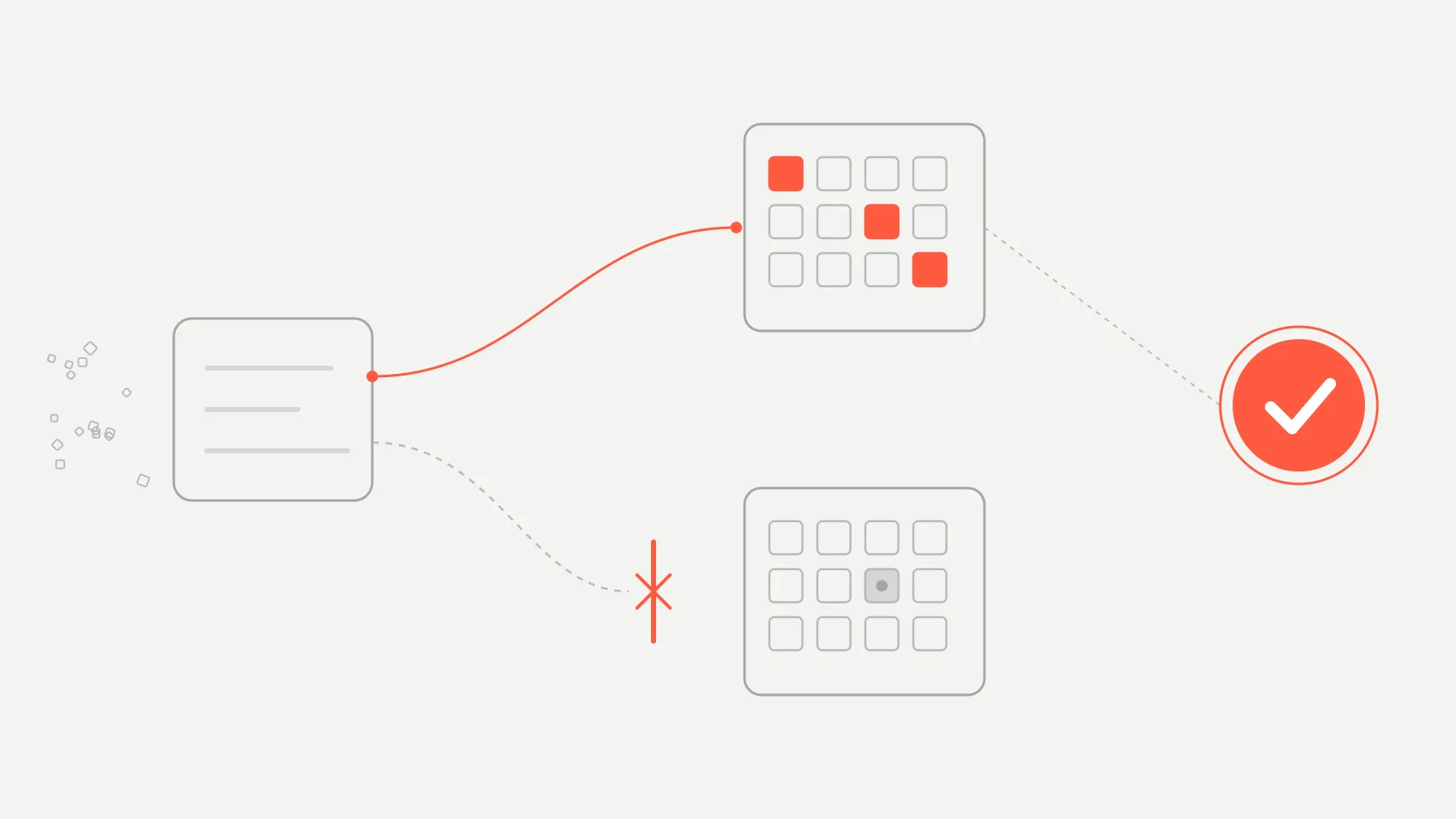 Abstract diagram: scattered small inputs reach an agent block, which has a red path to its own tenant's highlighted records and a dashed path to another tenant's records stopped by a red barrier, next to a red verification checkmark