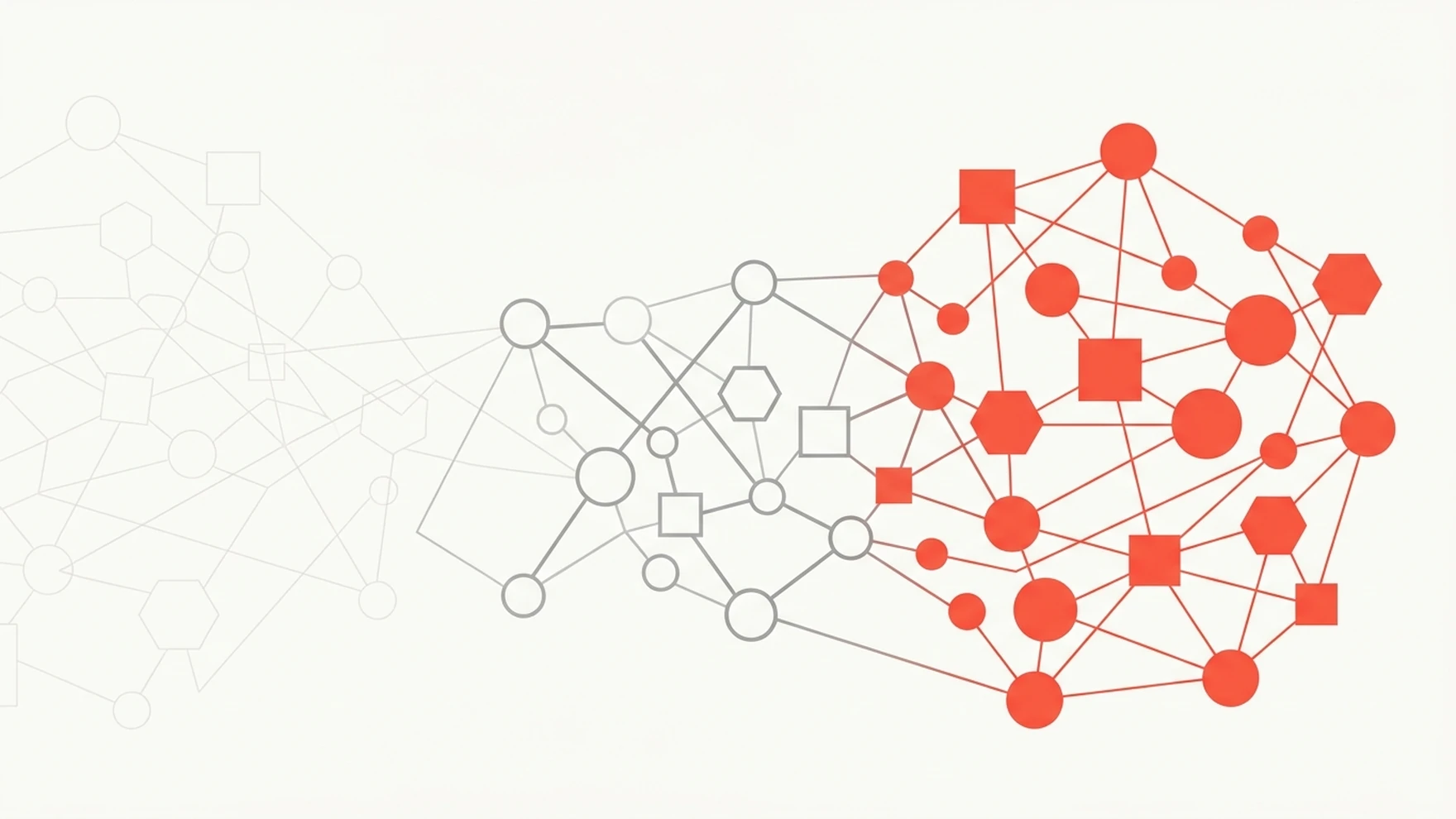 Abstract network illustration: pale interchangeable nodes on the left gaining weight and colour toward a solid red cluster on the right