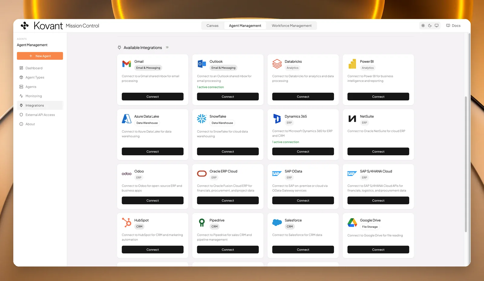 Mission Control showing the available integrations, including Outlook, Databricks, Snowflake, Dynamics 365, NetSuite, Oracle ERP Cloud, SAP, HubSpot and Salesforce